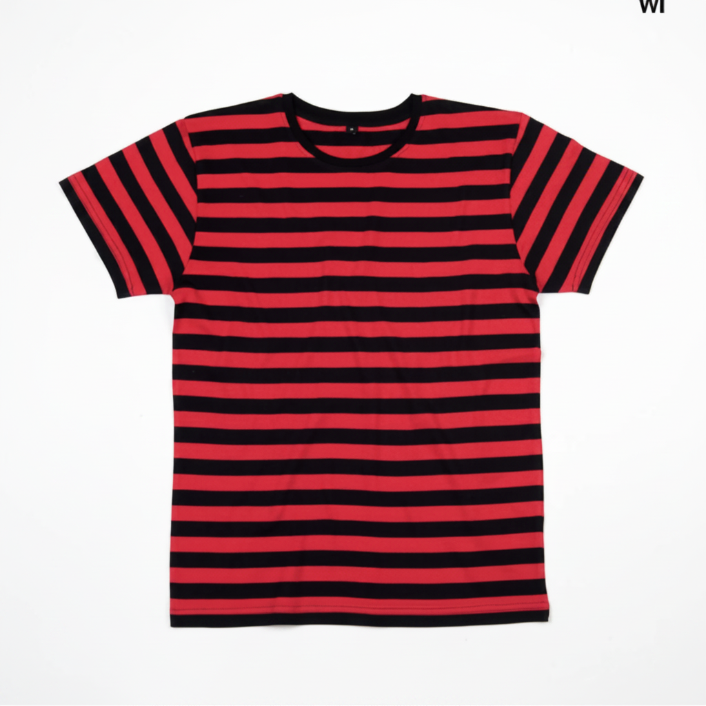 Rød/sort stribet tee – forside v2