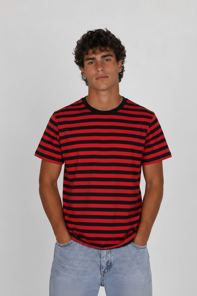 Rød/sort stribet tee